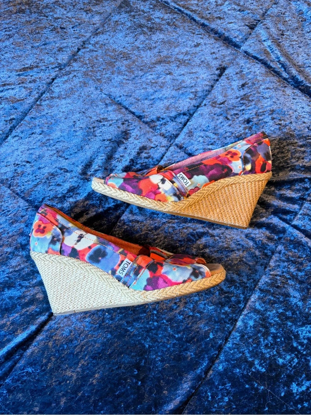 Toms Multicolor Floral Canvas Wedge Espadrilles - Purple, Pink, Blue